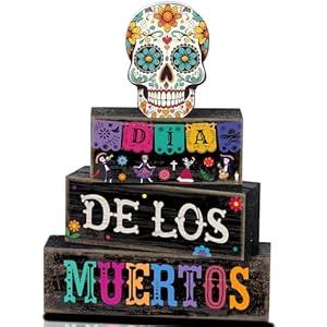 Lineshading 4 Pcs Day of The Dead Table Decorations Day of The Dead Centerpiece for Table Dia De Los Muertos Tiered Tray Decor Wood Sugar Skull Block Signs for Halloween Party Home Shelf Decoration
