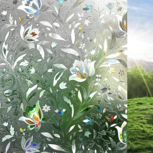 rabbitgoo Window Privacy Film, Decorative Stained Glass Window Film, Sun Blocking Glass Clings, Renter-Friendly Static Cling Frosted Sticker Covering for Home Door, Rainbow Tulip 17.5" x 78.7" (Clear)