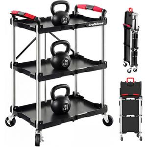 Folding Service Cart,Rolling Utility Cart,330 LBS Collapsible Service Cart,3 Shelf Heavy Duty Foldable Tool Cart