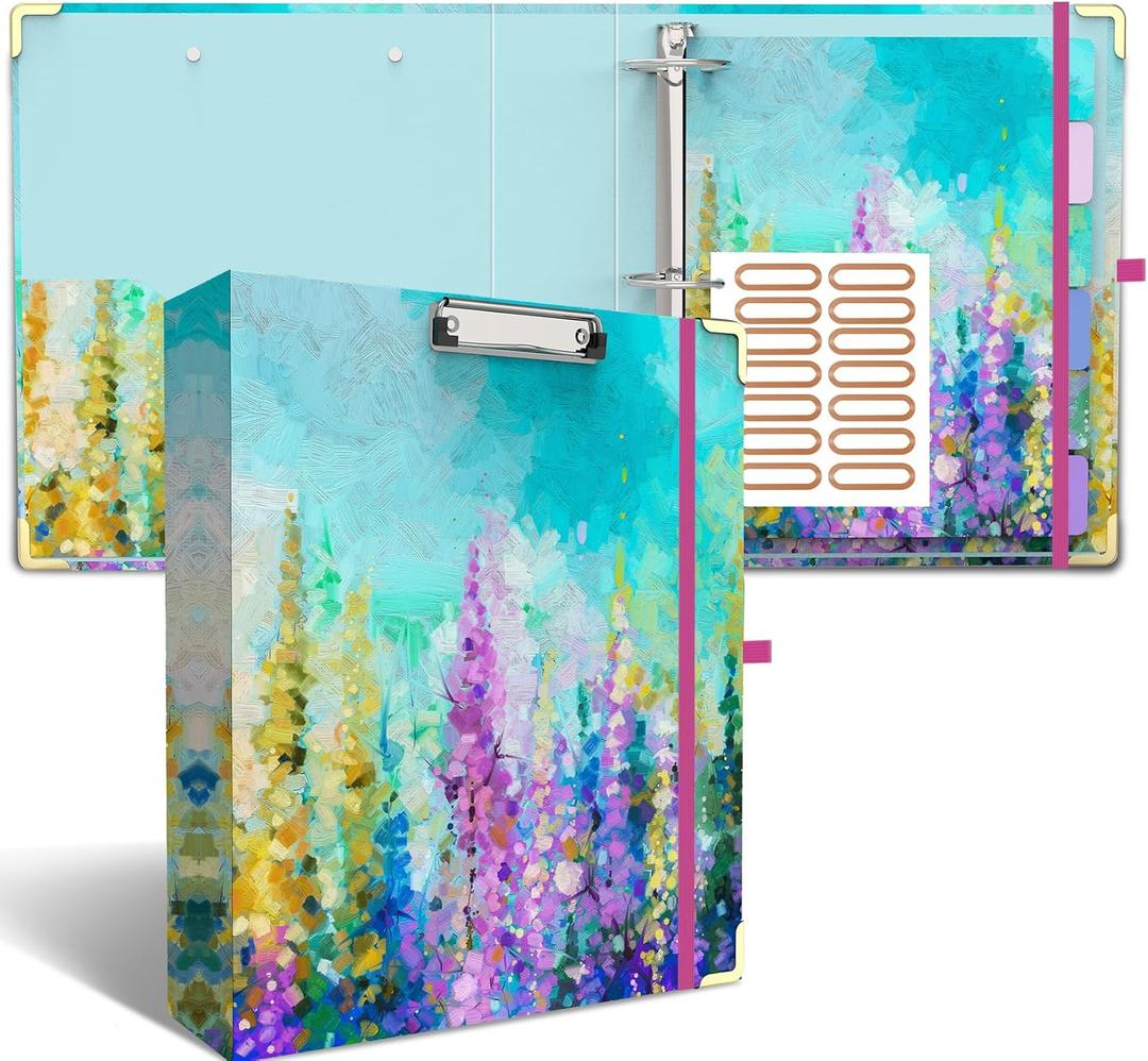 3 Ring Binder 2 Inch Ring, 2 Interior Pockets, 6 Tab Dividers, Low Profile Clipboard with Storage, Fashion Cute Binder and Labels Stickers for School Office (Purple Oil Painting)