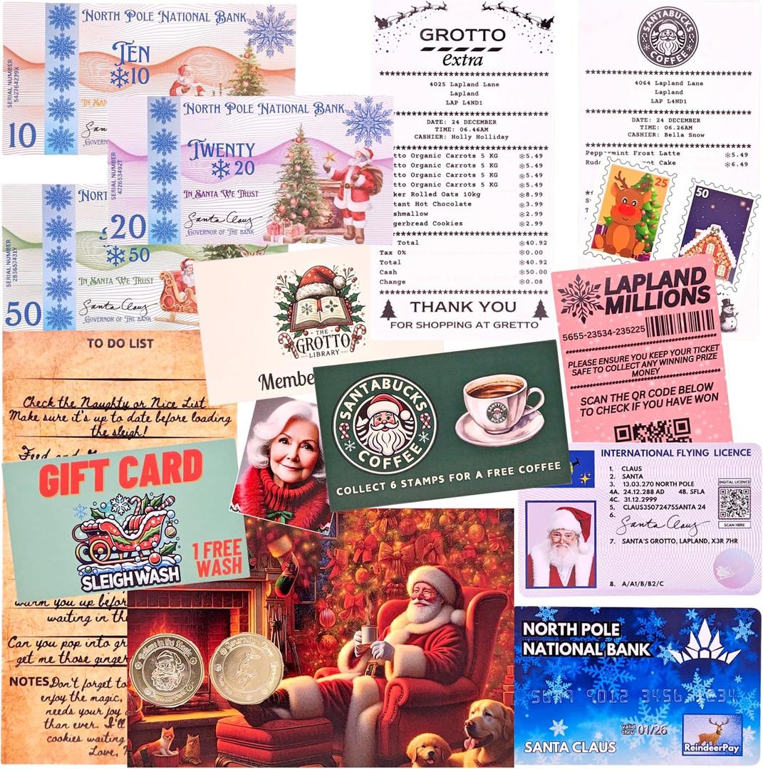 Santa's Lost Wallet Evidence Kit  Magical Christmas Eve Set with Bank Card, Sleigh Flying License, North Pole Money, Loyalty Cards, Receipts & Many More Fun Surprises
