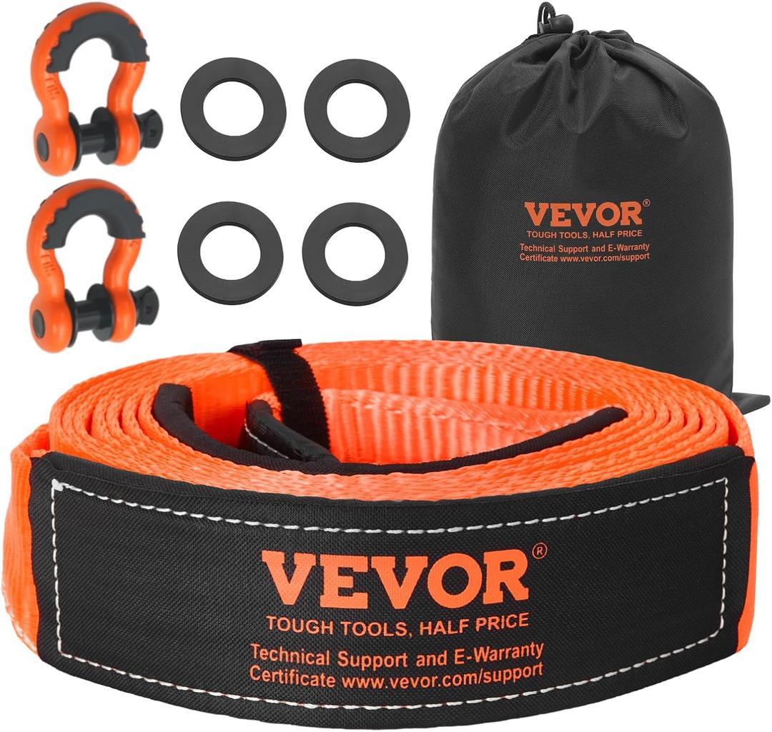 VEVOR Heavy Duty Tow Strap Recovery Kit 3 in x 20 ft (MBS-36,000 lbs) Tree Saver Winch Strap, Triple Reinforced Loop & Protective Sleeves & Storage Bag, 3/4" D-Ring Shackles, for Truck Jeep SUV ATV
