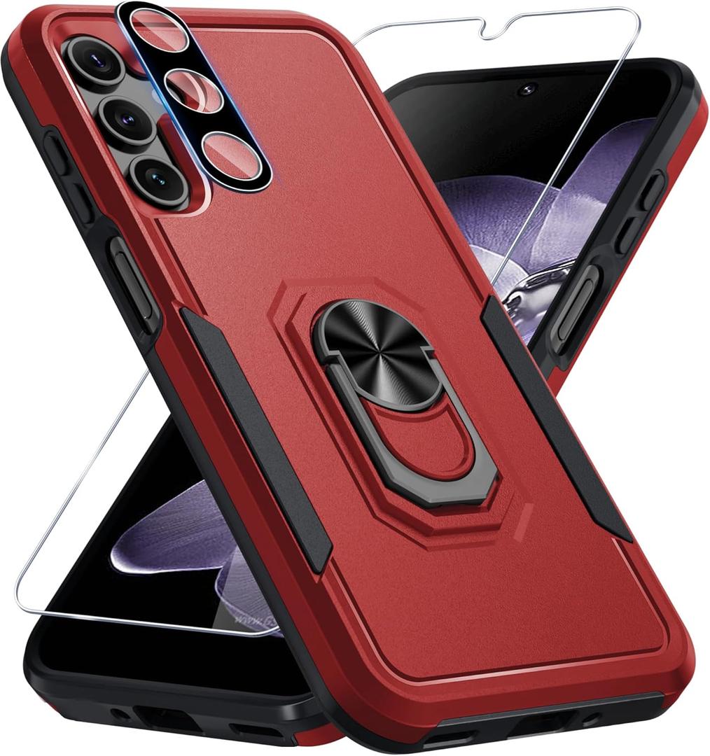 Janmitta Compatible with Samsung Galaxy A16 5G Case with Screen Protector+Camera Lens Protector,Heavy Duty Full Body Phone Cover Built in Ring Holder Kickstand,2025 Red