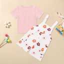 Toddler Baby Girl Summer Outfit Short Sleeve Ribbed Tops + Flower Suspender Overalls Shorts Set Kids Cute Clothes (Pink)