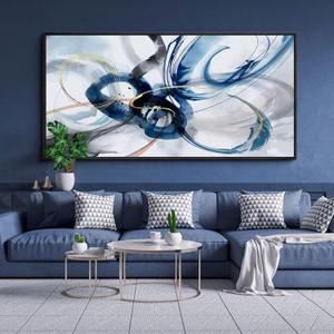 KLAKLA Large Wall Art for Living Room - Abstract Wall Decor Framed Picture Artwork for Wall Decorative Paintings Blue and White Modern Office Bedroom Art (24x48)