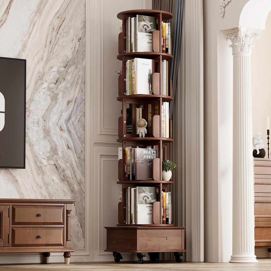 Solid Wood Rotating Bookshelf Tower on Wheels, 5-Tier Spinning Bookcase with Drawer, 72" Floor Standing Revolving Bookshelf, Rotating Bookcase for Small Space, Walnut, 18.87 inches x 18.87 inches x 72.84 inches