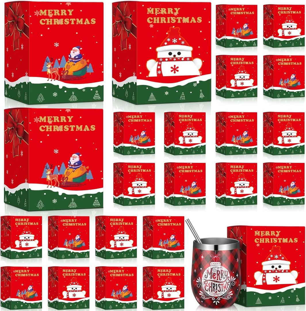 Windyun 48 Pcs Merry Christmas Gift Boxes for 12 oz Sublimation Glass Tumbler Cup Exhibition Packaging 4.7 x 4 x 4 Inch Santa Snowman Wrapping Boxes for Drinking Jars Can Display, Red White Green