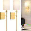 24.5 Inch Wall Sconces Battery Operated Set of 2, Rechargeable Wireless Wall Sconces Lights with Remote, Not Hardwired Dimmable Gold Wall Lamps with White Fabric Shade for Bedroom, 2 Bulbs Included (Gold and White)