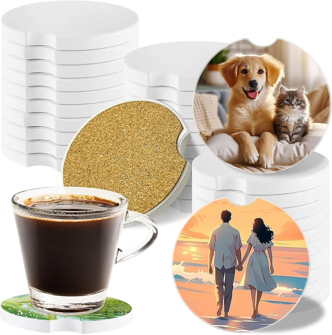 30Pcs Sublimation Blank Car Coasters,2.75inch/7mm Water Absorbent Ceramic Blank Thick Round with Finger Grooves for Easy Removal,Suitable for Sublimation DIY Crafts Painting Heat Transfer Car Coasters