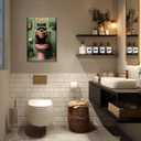 Funny Raccoon Bathroom Canvas Wall Art Picture Humorous Animal Poster Prints Raccoon Sitting On The Toilet Reading Book Painting Wall Decor for Washroom Restroom 16x24in Framed Ready To Hang
