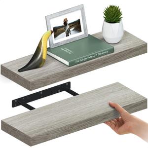 Ballucci Floating Shelves for Wall, 24" Wood Wall Shelf Set of 2, with Invisible Brackets for Bathroom, Living Room, Bedroom, Kitchen, Nursery, 8" Deep, Rustic Gray