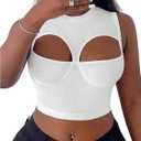 SweatyRocks Women's Cut Out Cropped Tank Top Crew Neck Slim Fit Sleeveless Ribbed Camisole (White, S)