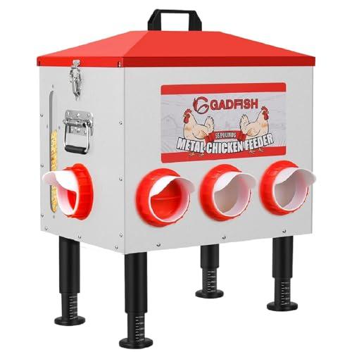 GADFISH 55 lbs Large Capacity Automatic Chicken Feeder - 8 Feeding Ports, No Waste Chicken Feeder, Height-Adjustable Legs & Secure Locking Lid for Chickens, Ducks & Poultry