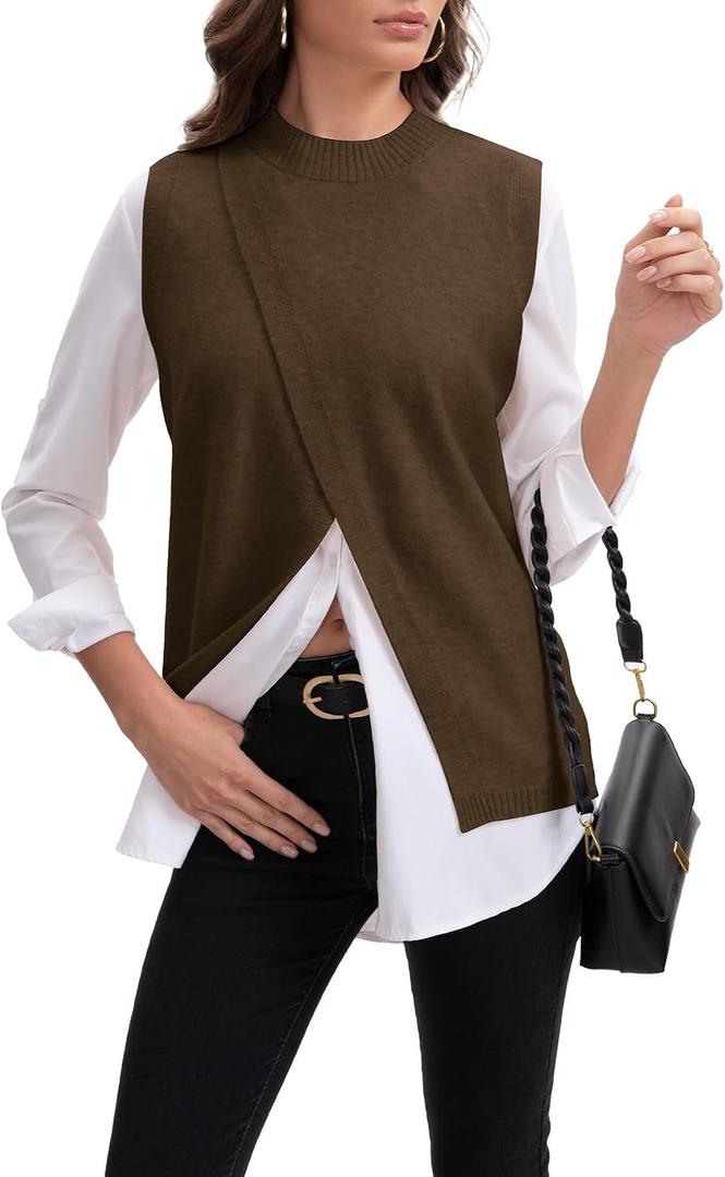 Womens Mock Neck Sweater Vests, Sleeveless Knit Pullover Tops Casual Split Hem Shirt Trendy Going Out Outfits (Brown, XL)