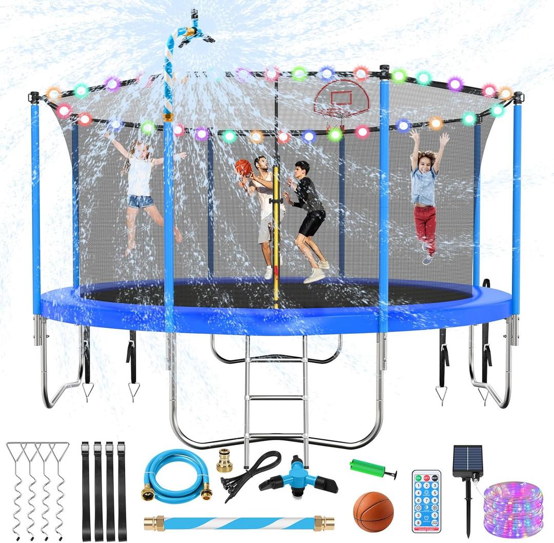 Upgraded 16FT 15FT 14FT 12FT 10FT 8FT Trampoline Outdoor with Basketball Hoop and Net, Capacity for 4-6 Kids and Adults (Light Blue)