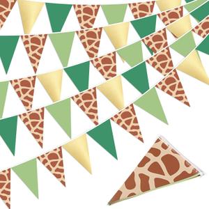 Tiamon 5 Pcs Safari Birthday Banner Decorations Giraffe Animals Green Jungle Wild One Pennant Bunting Printed Triangle Flag for Jungle Wild Baby Shower Zoo Giraffe Birthday Party Decor Supplies (Gold)