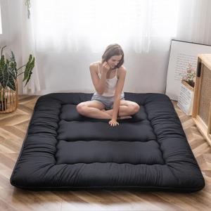 MAXYOYO Japanese Floor Mattress Futon Mattress, 4" Thicken Tatami Mat Sleeping Pad Foldable Roll Up Mat Boys Girls Dormitory Pad Kids Floor Lounger Pillow Bed, Black, Twin Size