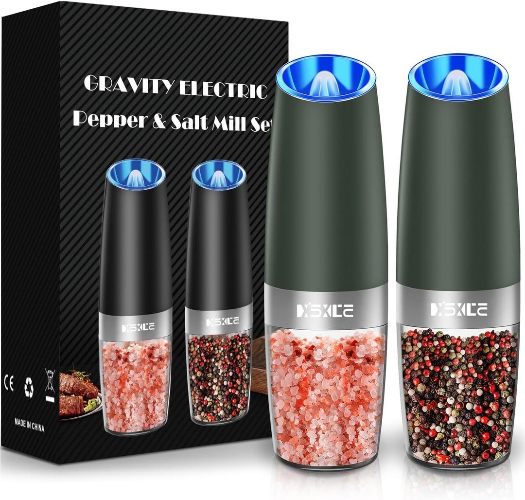 XinXu Gravity Electric Pepper and Salt Grinder Set, Adjustable Coarseness, Battery Powered with LED Light, One Hand Automatic Operation, Dark Green - 2 Pack (2.5*2.5*7.9inch)