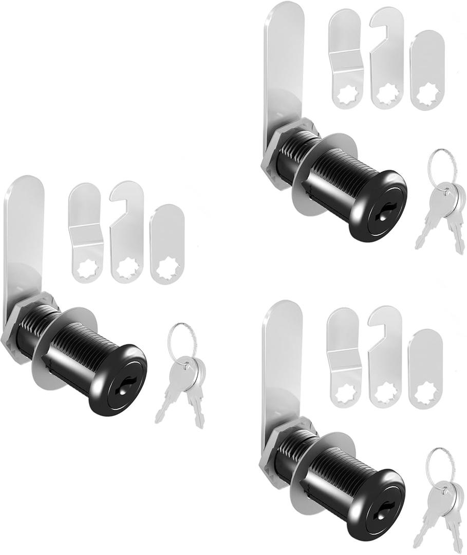 3 Pcs Cabinet Locks with Keys, 1-1/2'' Cam Lock Keyed Alike Fit 1-3/8'' Max Panel, Secure RV Locks for Cabinet Drawer Mailbox Lock Replacement, Zinc Alloy (Black)