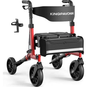 KingPavonini Foldable Walkers for Seniors with Seat, 6-Level Seat & Handle Adjustable, 380LB Reinforced Rollator Walker with Seat Ergo Dual-Layer, 16.5LB Lightweight Portable, All-Terrain Wheels