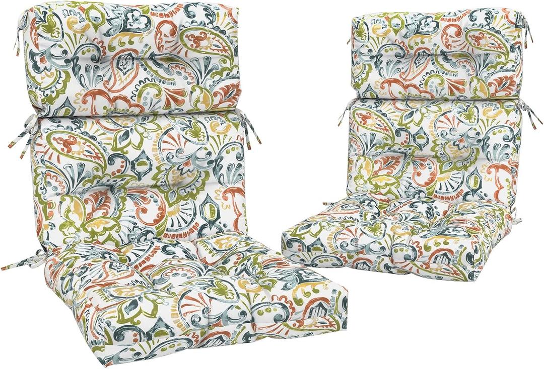 Outdoor High Back Chair Cushions Set of 2, Water-Resistant Chair Cushions for Patio Home Garden, Replacement Rocking Chair Cushion with tie 22" W x 20" D, Paisley Botanical, 44"x22"x4"