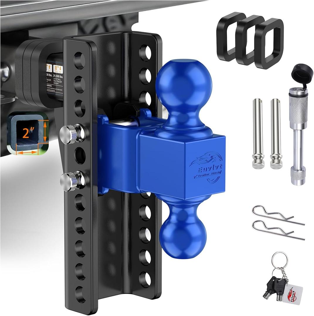 Euvlvt Adjustable Trailer Hitch -Drop Hitch (Fits 2-Inch Receiver) -8" Drop/Rise Tow Hitch, 2" & 2-5/16" Ball Hitches for Trucks -21,500 GTW Hitch Ball Mount with Anti-Theft Locking Hitch Pins (Black + Blue)