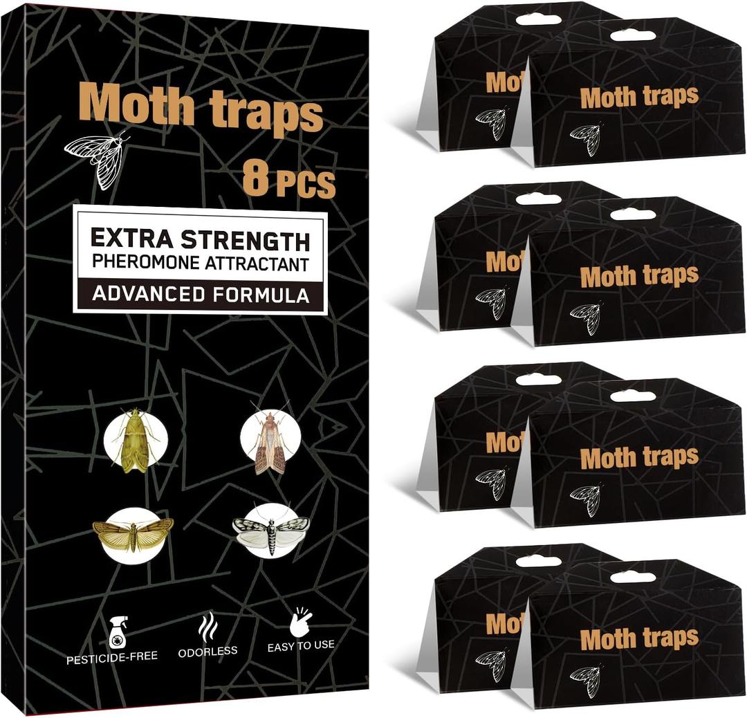 Upgraded Moth Traps, Double Potent Pantry & Clothes Traps with Pheromones Prime, No Toxic & Odorless Meal Moth Trap, Organic Sticky Moths Balls Repellent with Lure for Closet, Kitchens -8Pack