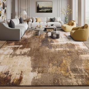 Kelarea Living Room Rug, 9x12 Rug Modern Abstract Washable Rugs, Brown Vintage Low Pile Carpet, Non Slip Large Rugs for Bedroom, Dining Room, College Dorm, Home Office