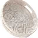 HITOMEN 14.2" Hand-Woven Round Rattan Serving Tray Decorative Ottoman Wicker Platter with Handles for Coffee Table, Breakfast, Drinks, Snack, Bread, Fruit, Vegetables (Whitewash-L)