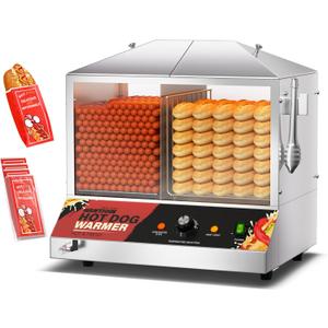 Commercial Hot Dog Steamer - 36L/38QT Electric Hot Dog Steamer with Bun Warmer, Stainless Steel Hot Dog Cabinet with Tempered Glass 200-275 Sausages & 40-45 Buns, 1200W (Silver)