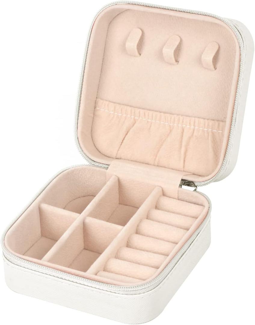 Travel Jewelry Case Small Jewelry Box Jewelry Organizer Storage Case Portable PU Leather Mini Jewelry Travel Case for Girls Womens Earring, Necklace, Rings,Bracelets (White)