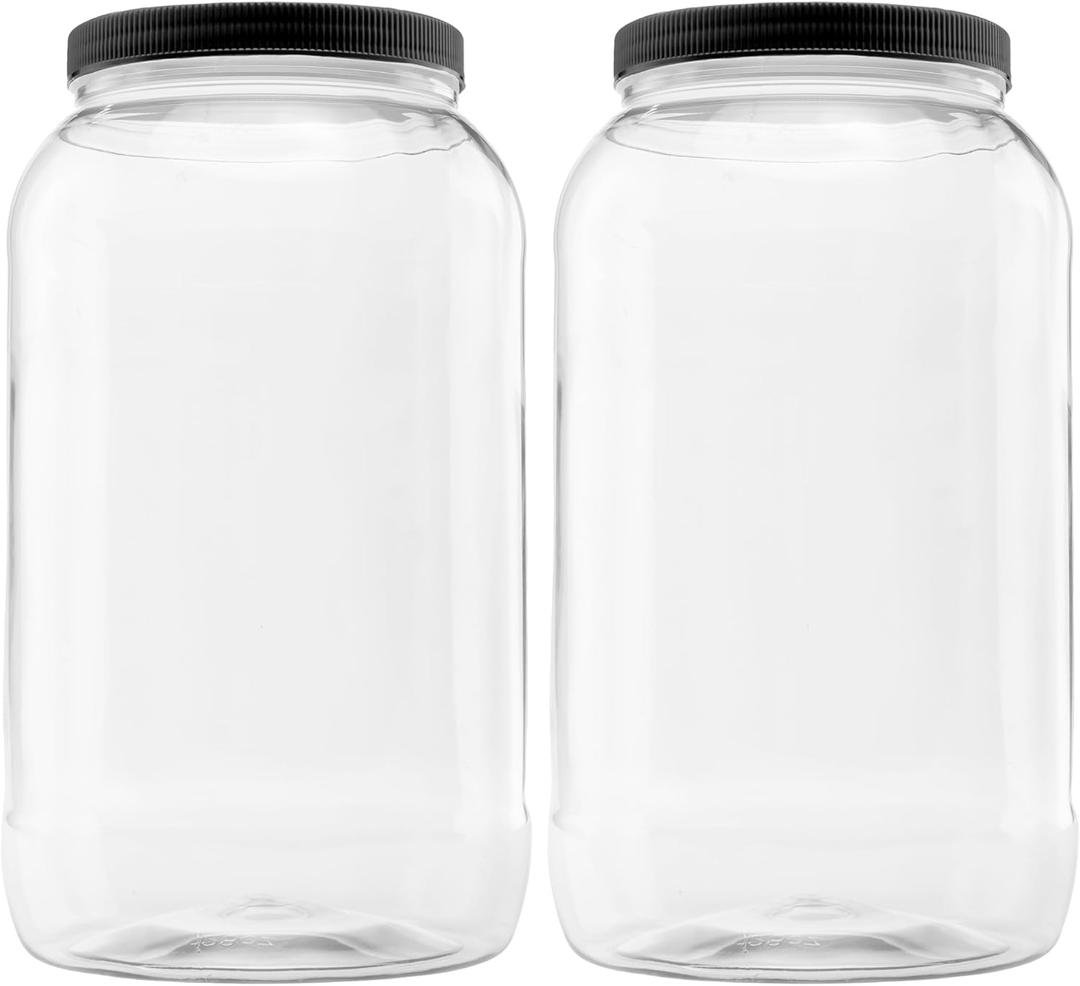 CLEARVIEW CONTAINERS - 2 Pack of 128 Ounce Plastic Gallon Jars with 110/ 400 Black Leak Proof Seal Lid - Food Grade and BPA Free (128oz, 2pk, BLK)