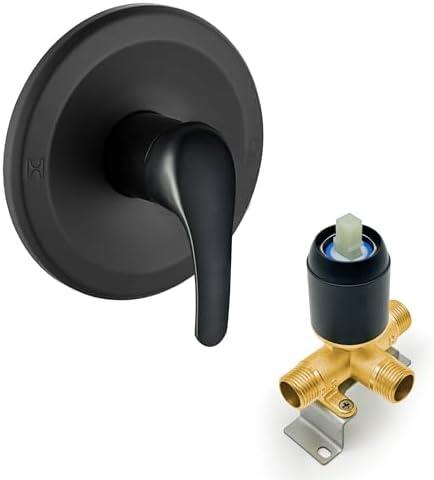 SUBEIXI Matte Black Round Shower Handle Valve Brass Single Function Shower Mixer Control Valve with Male Thread Bathroom Trim Kit, Wall Mounted