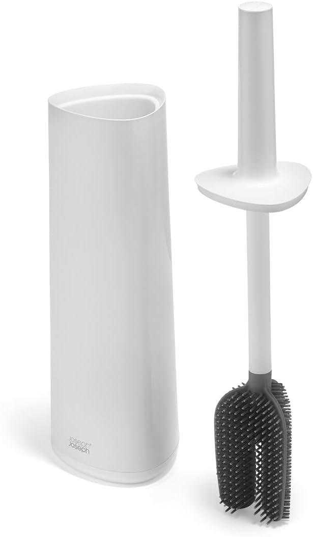 Joseph Joseph Flex 360, Advanced Smart Toilet Brush and Storage Holder Set with Anti-drip, Anti-Clog, Triple-Action Replaceable Brush Head - White
