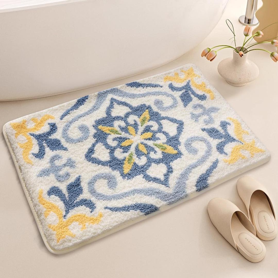Vintage Floral Bath Rug Quick Drying and Non-Slip Bathroom Mat Soft Microfiber and Machine Washable Carpet for Bedroom, Living Room and Dining Room (31"x20", Blue)