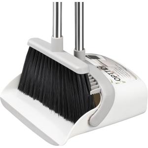 OPTTIDI Broom with Dustpan Combo Set, Hand Broom and Dustpan Set for Sweeping Indoor Angle Broom for Home Office Kitchen Lobby Floor Pet Hair Indoor&Outdoor Cleaning (White&Gray)