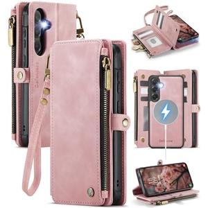 Defencase for Galaxy S24 Magnetic Wallet Case Compatible with Magsafe with RFID Blocking Zipper & Card Holder for Women Men, PU Leather Detachable Phone Case for Samsung Galaxy S24 5G 6.2", Rose Pink