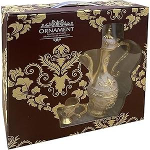 Vintage Turkish Coffee Pot Set Metal Turkish Tea Set with 6 Luxury Coffee Cups & Craft Tea Tray Teapot for Serving Tea Zamzam Coffee Cappuccino,Gold Silver Ottoman Trim Wedding Gift