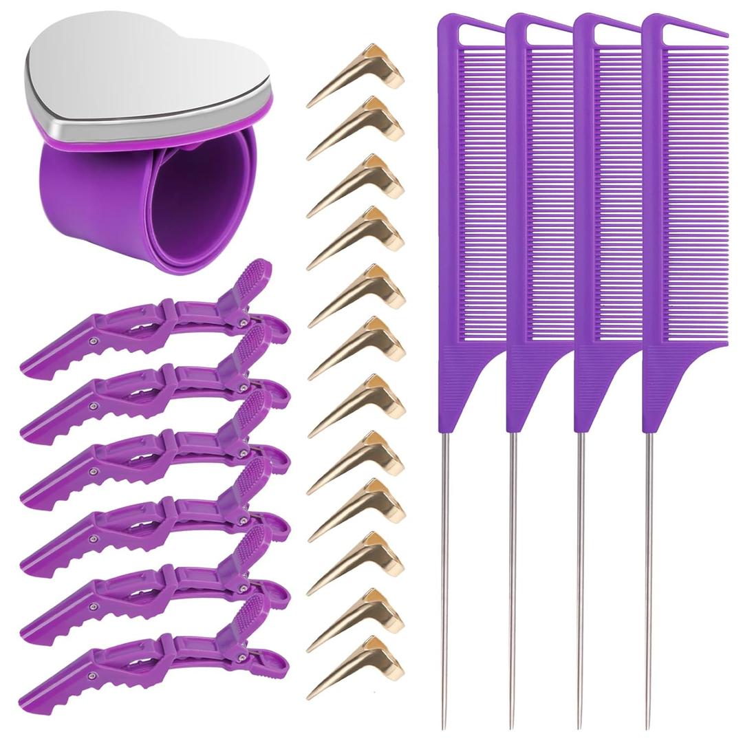23 Pieces Hair Parting Tools Set, Magnetic Wrist Pin Holder for Braiding, Sectioning Clips, Rat Tail Combs, Hair Parting Rings (Purple)