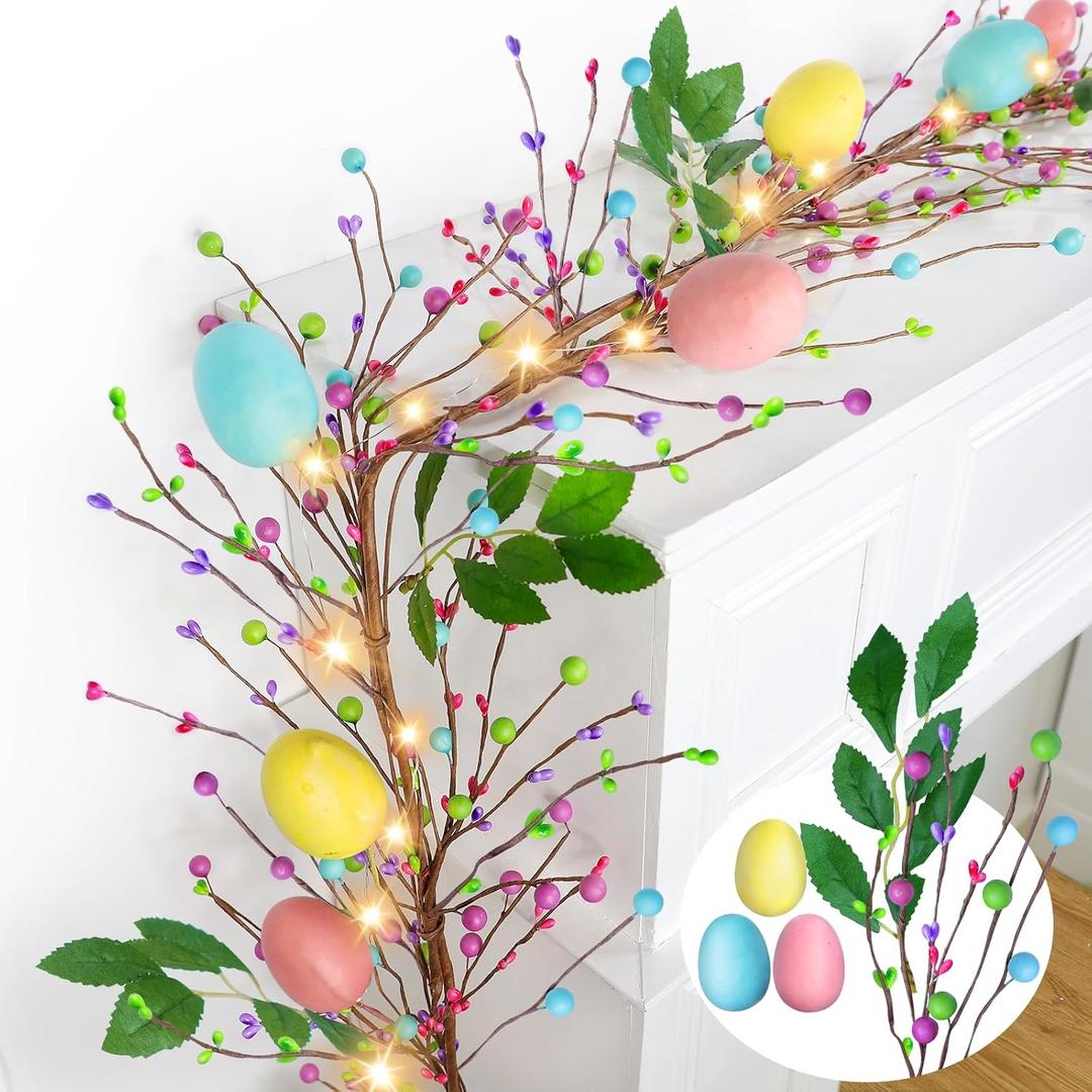 6 Ft 20 LED Easter Decorations Easter Garland with Lights Timer Colorful Eggs Mixed Berried Green Leafed Artificial Easter Egg Garland Spring Garlands for Home Mantle Fireplace Table Indoor Outdoor