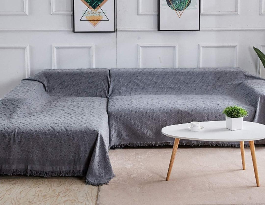 Rose Home Fashion Geometric Jacquard Sectional Couch Covers for Sectional Sofa - 2 Pieces Washable L Shape Couch Cover Blanket with Tassels, Furniture Protector for Dogs (X-Large, Dark Gray)