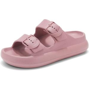 Womens Platform Cloud Slides with Arch Support, Adjustable Double Buckle Recovery Sandals, Comfort Lightweight Ultra Cushion Wedge Sandal (Pink)