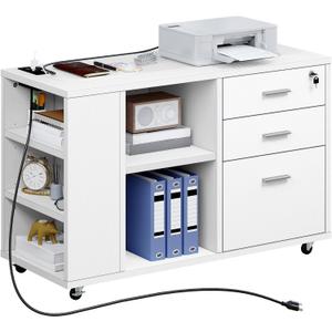 YITAHOME File Cabinet with Charging Station, Mobile Lateral Filing Cabinet with Lock for Home Office, Printer Stand with Open Storage Shelf, Fits A4, Letter, Legal Size Files, Office Furniture, White