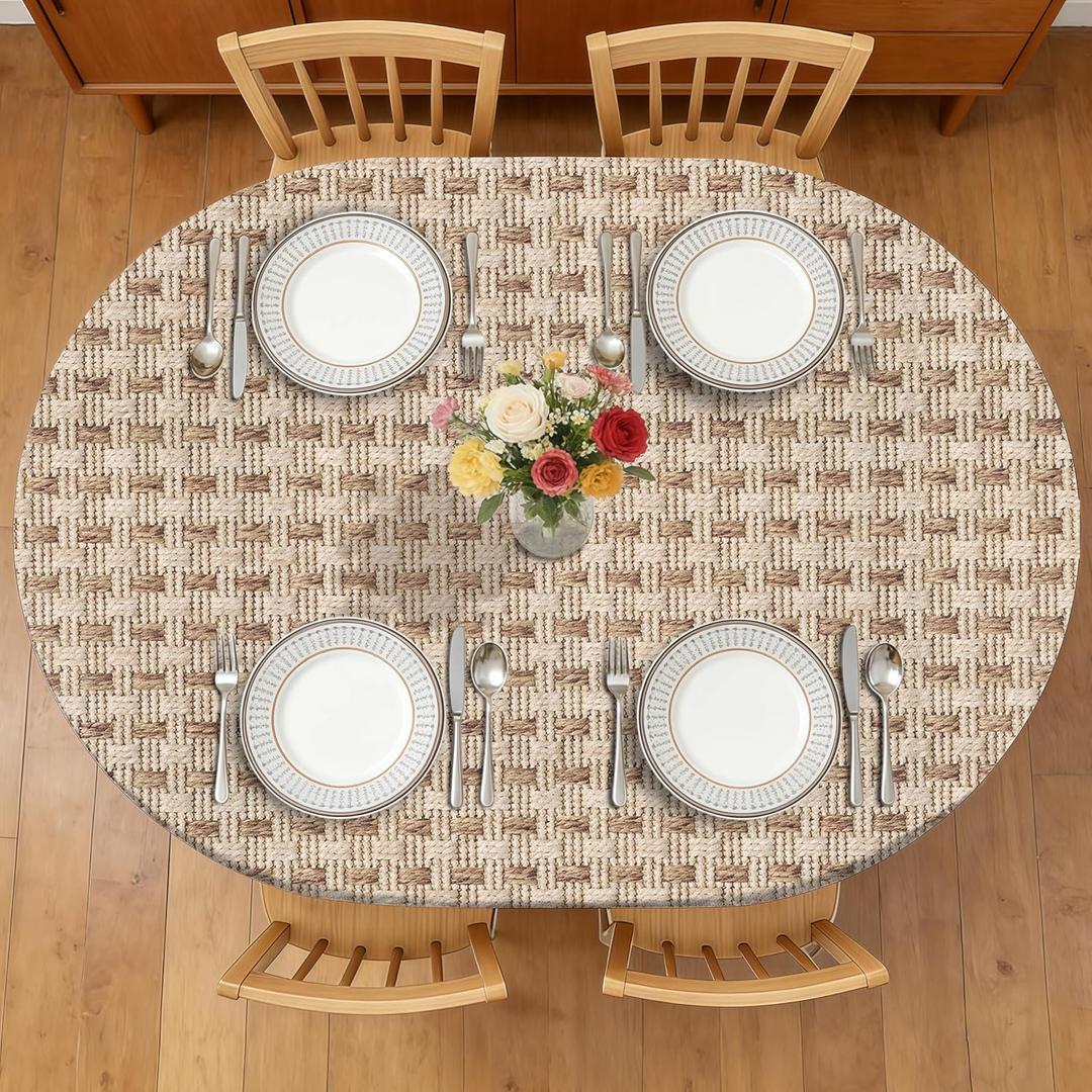 Weave Printed 48 x 68 Inch Oval Fitted Tablecloth with Elastic Edged, Waterproof Oil Proof Wipeable Oblong Table Cover for Indoor Outdoor Patio Table, Fits Oblong Oval Tables Up To 48" W x 68" L