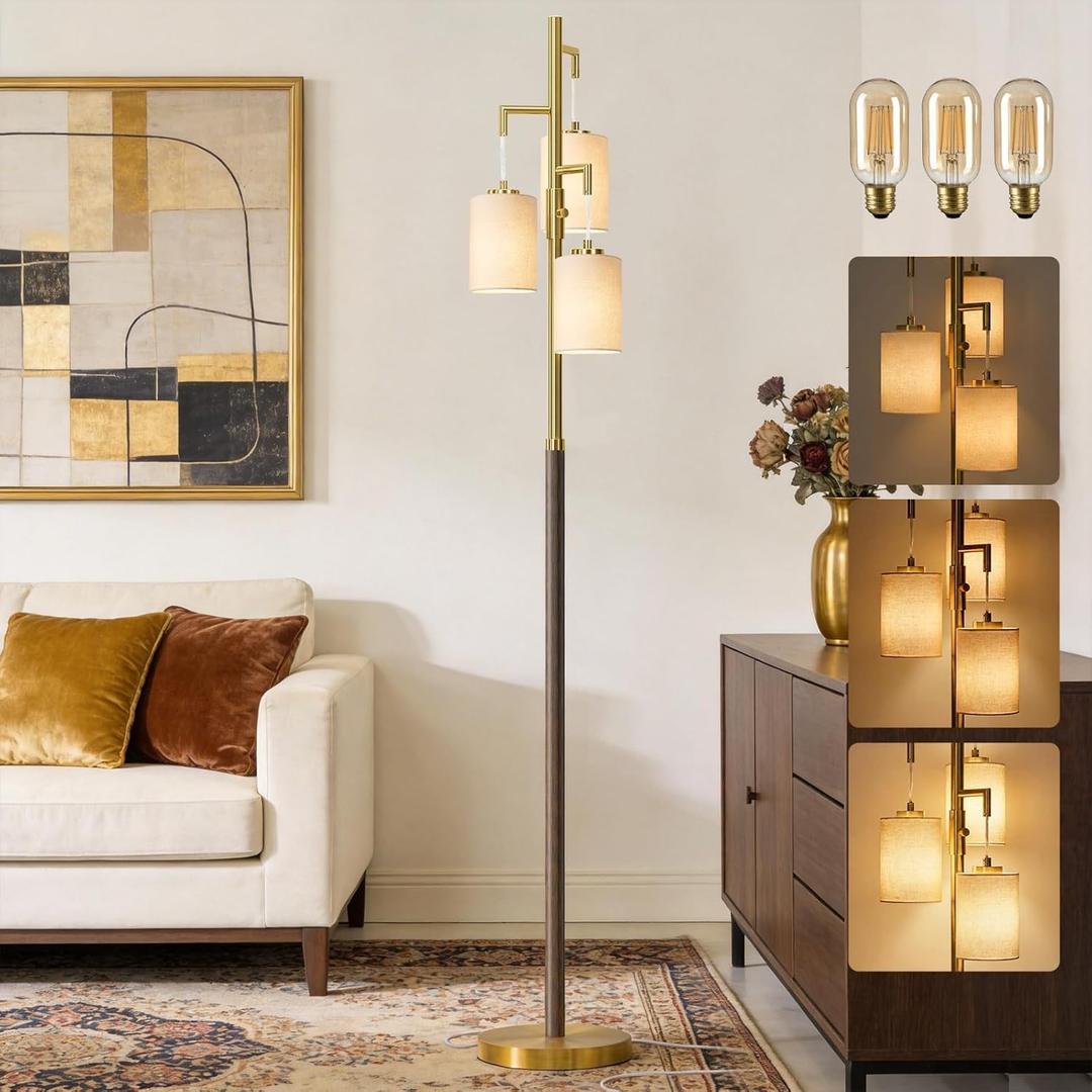 G-SAFAVA 70" Dimmable Floor Lamp Wood Floor Lamps for Living Room Bedroom Mid Century Modern Floor Lamp Gold Standing Lamp Tall Lamps for Office Nursery Reading Elegant Stand Up Lamp, 3 Bulbs Included