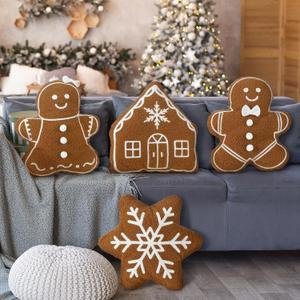 4 Pcs Christmas Throw Pillows Plush Gingerbread Men Gingerbread House Snowflake Shaped Pillow for Christmas Winter Holiday Party Outdoor Bedroom Cushion Decoration (Caramel)