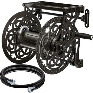 Metal Decorative Garden Hose Reel, Heavy Duty Hose Holder for Outside, Aluminum Frame, No-Leak Aluminum Water System, Easy Assmbly, Wall Mount, Holds 135 ft x 5/8" Hose Storage, Dark Bronze