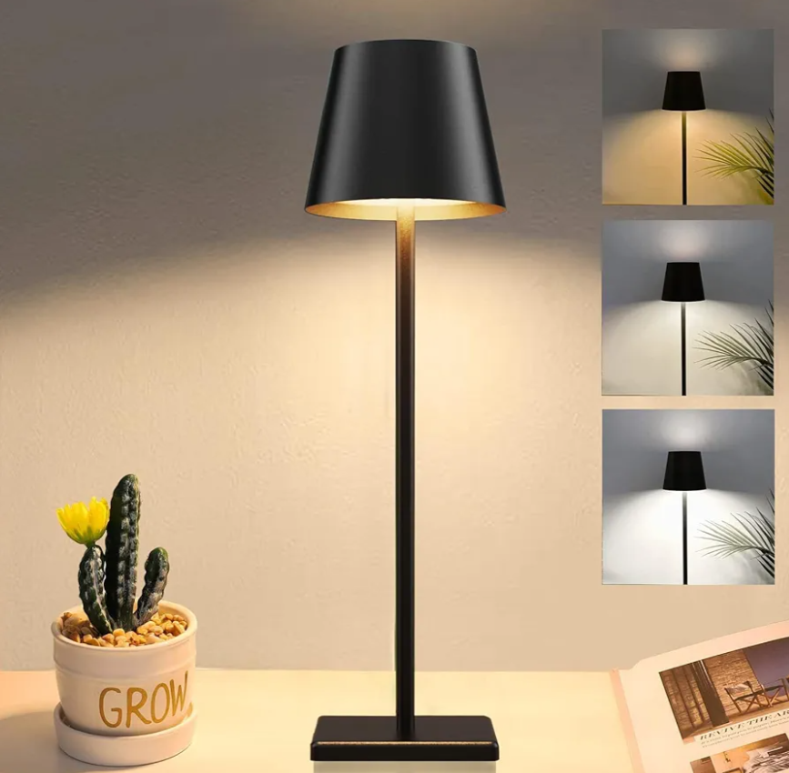 Cordless Table lamp, 5200mAh Battery Operated Lamp,3 Color Stepless Dimming Desk Lamp, IP54 Waterproof Outdoor Table Lamps for Restaurant/Bedroom/Bars/Party/Camping/Cafe Night Light (Black-2)