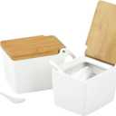 Impresa 2-Pack Japanese-Style Salt Box - Moisture-Barrier Lid Salt Cellar with Hinged Lid for Minimalist Decor & Kitchen Decor - Easy-Access Serving Container with Spoon - White Ceramic