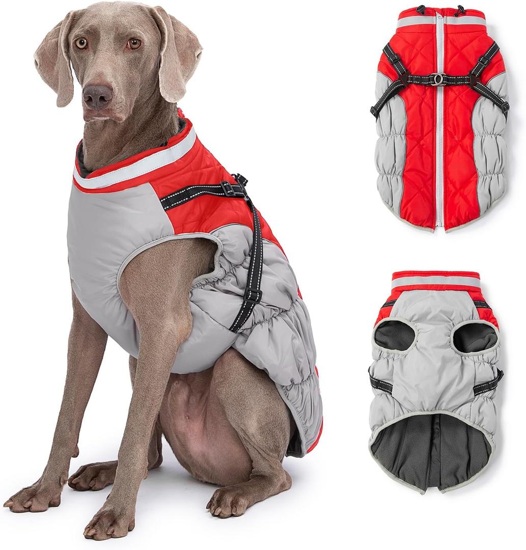 Dog Winter Coat with Harness, Dog Jacket Clothes with Zipper on Back, Waterproof Windproof Warm Vest, Reflective Cold Weather Coats, for Small Medium Large Dogs, Thick (Red,M) (M(Chest Girth:21.25"/54CM))